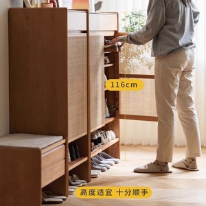 Jumping Shoe <b>Cabinet</b> Solid Wood Rattan Entryway Storage Japanese Retro Style For <b>Small</b> Apartments - Product Image 3