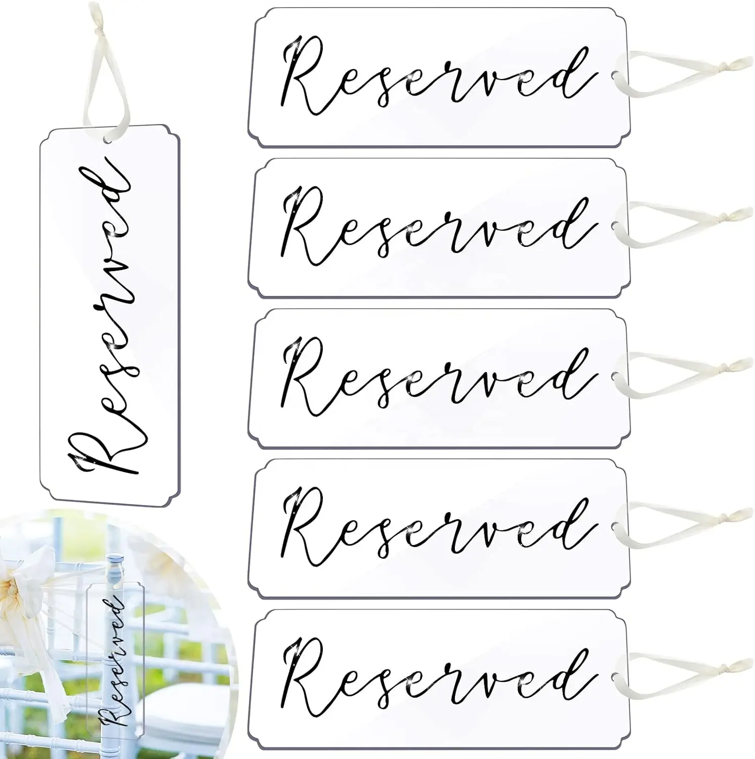 Conjunto de 6 peças de acrílico preto para casamento, fita decorativa suspensa, assentos reservados, etiquetas para eventos importantes, igreja, bancos, restaurante