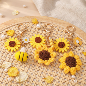 Handmade Flower Crochet Keychain Toys Bulk Cute Knitted Plush Sunflower Bee Tassels Amigurumi Bag Charm Pendant <b>Doll</b> Key Chain - Product Image 1