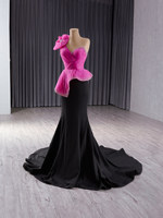 Robe de soirée de luxe Ocstrade faite à la main, bicolore, style sirène, asymétrique à une épaule, avec grande fleur en strass et longue traîne, pour tapis rouge