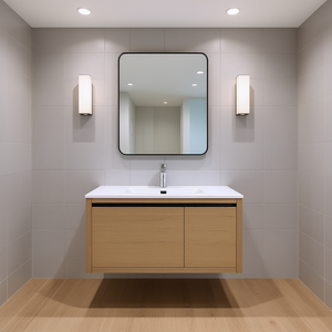 Meuble-lavabo de salle de bain 36 pouces mural au design moderne avec miroir sans cadre, vasque en céramique et finition bois clair - Product Image 2