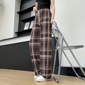 <span class=keywords><strong>Pantalon</strong></span> large à <span class=keywords><strong>carreaux</strong></span> pour <span class=keywords><strong>femme</strong></span>, taille haute, en soie glacée douce, printemps-été, fin et décontracté - Product Image 4