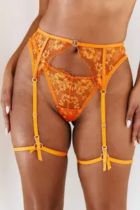 Underwear Lace Sexy Bra Brief Sets Embroidered Temptation 3 Piece Underwear Women Orange Lingerie With Garter