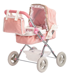 Poussette de poupée en velours côtelé rose avec berceau détachable-Landau fantaisie 2 en 1, tissu en peluche et garniture douce pour un jeu de rôle imaginatif - Product Image 1