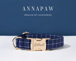 Handmade Blue Check Personalized Bow Set, <b>Puppy</b> With Name Engraved, Custom Boy <b>Collar</b>, Plaid Dog <b>Collar</b> - Product Image 2