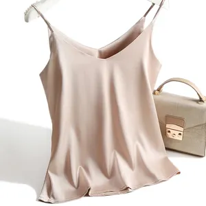 2023 Spaghetti Strap Women Halter V Neck Basic White Cami Sleeveless Satin Silk Tops Summer Camisole Crop Top Femme