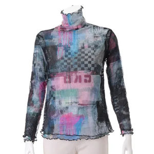 Chemise en mousseline de soie ample à manches longues, chemise à revers réversible à imprimé en ligne, chemise brodée - Product Image 1