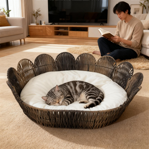 Ganzjahres-Haustier-Rattanhaus Umweltfreundliches Komfortables Haustierbett für Pelzige Freunde Weiden-Kunsthandwerk Katzenhaus - Product Image 1