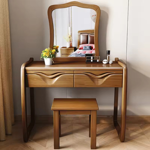 Tocador Contemporáneo de Teca Sólida con Espejo Integrado, Taburete y Dos Cajones, Diseño Minimalista para Dormitorio o Sala de Maquillaje - Product Image 1