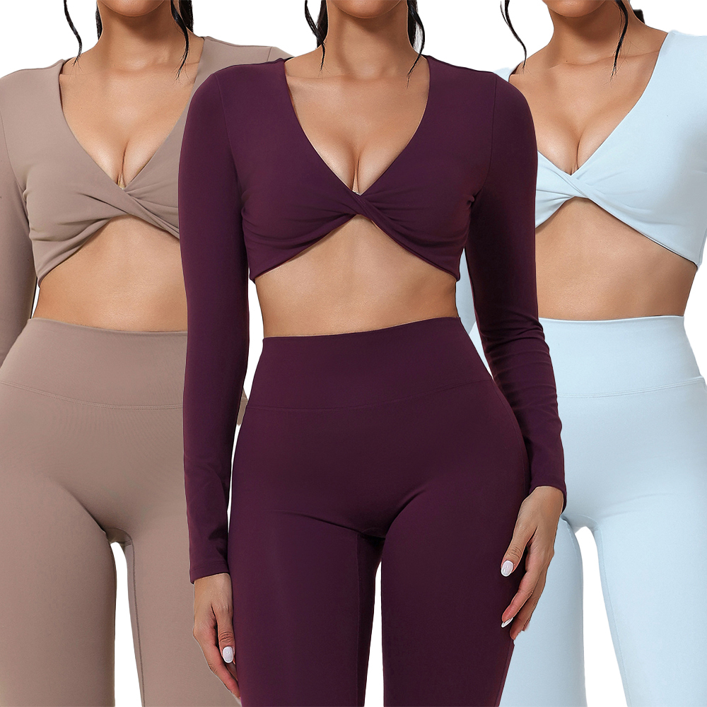 Women's New V-Neck Yoga Dress Top Slim Short Long Sleeve Quick-Drying T-shirt Breathable Fitness Wear Plus Sizes for Outdoor
