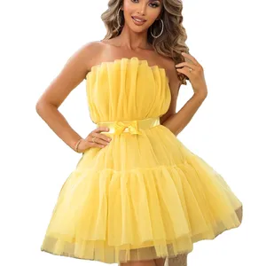 Váy Xòe Ngắn Vải Tuyn Xếp Nếp Trễ Vai Màu Mới Giảm Giá Mạnh 2023 Đầm Mini Nữ Có Nơ