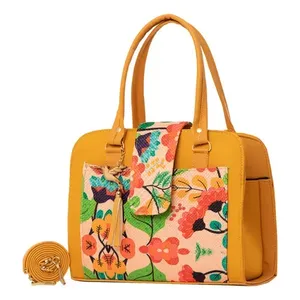 Bolsa de Compras de Yute Color Mostaza para Mujer, Marca Fana, Tamaño Mediano, con Impresión de Letras, para Uso Diario, Asa Larga, Vegana - Product Image 1