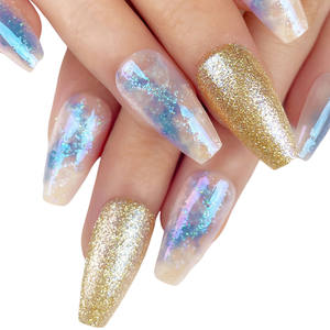 <span class=keywords><strong>Uñas</strong></span> Postizas de Gel con Degradado Azul Manchado, Purpurina Plateada y Dorada, 28 Piezas, <span class=keywords><strong>Uñas</strong></span> Postizas de Ataúd Largas, Reutilizables - Product Image 5