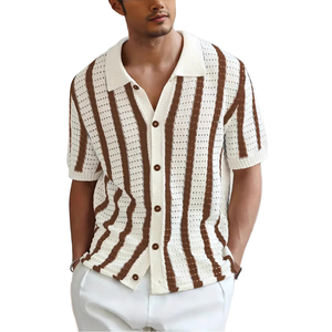 Camisa de punto de ganchillo premium para hombre, estilo retro con rayas verticales, polo de punto con botones, ropa de verano transpirable de malla abierta - Product Image 1