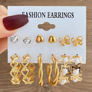 Europeu Americano Retro Metal High-End Brincos para As Mulheres Cross-Border Incrustado Pérola Borboleta com Diamante 6 Set Combinação - Product Image 2