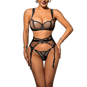 Ensemble de lingerie sexy transfrontalière, soutien-gorge et culotte ajourés, nuisette transparente pour femme, ensemble trois pièces en stock - Product Image 5