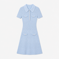 Robe en tricot côtelé bleu clair pour femme, col polo, manches courtes, longueur genou, commande personnalisée OEM