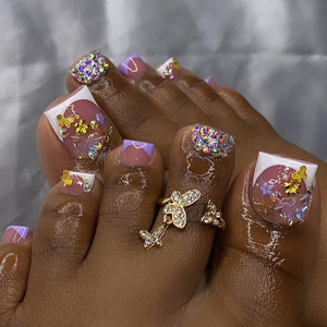 Uñas Postizas 3D con Diseño de Mariposa, Punta Francesa Rosa, Uñas Artificiales con Pedrería para Mujer, Verano, Playa - Product Image 1