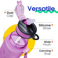 Botellas de agua deportivas portátiles grandes de 1 litro, de plástico esmerilado multicolor, con marcador de tiempo y pajita.