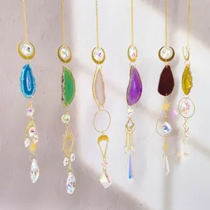 wholesale golden light prism hanging moon k9 with crystal natural for window healing stones supplies agate crystal suncatcher