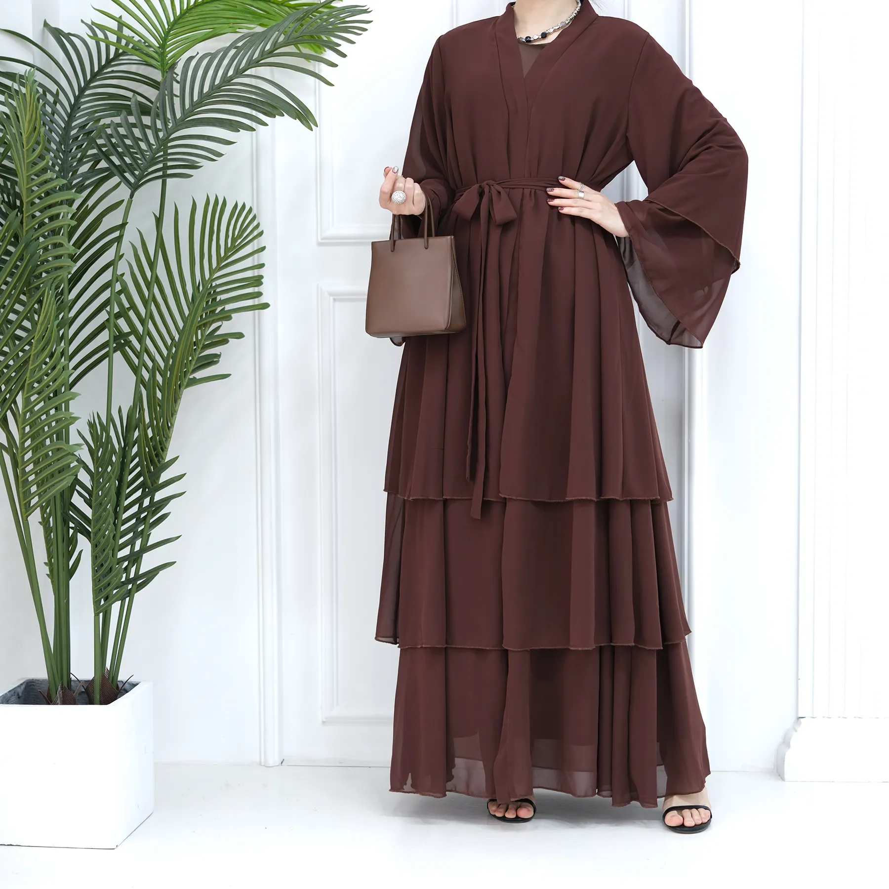 Loriya 2024 nuovo arrivo 3 strati Chiffon Open Abaya turchia Dubai elegante Kimono Abaya donna abito musulmano abbigliamento islamico