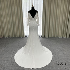 Robes de mariée lisses de sirène d'épaule russe de satin de manches longues de dos blanc avec la manche - Product Image 5