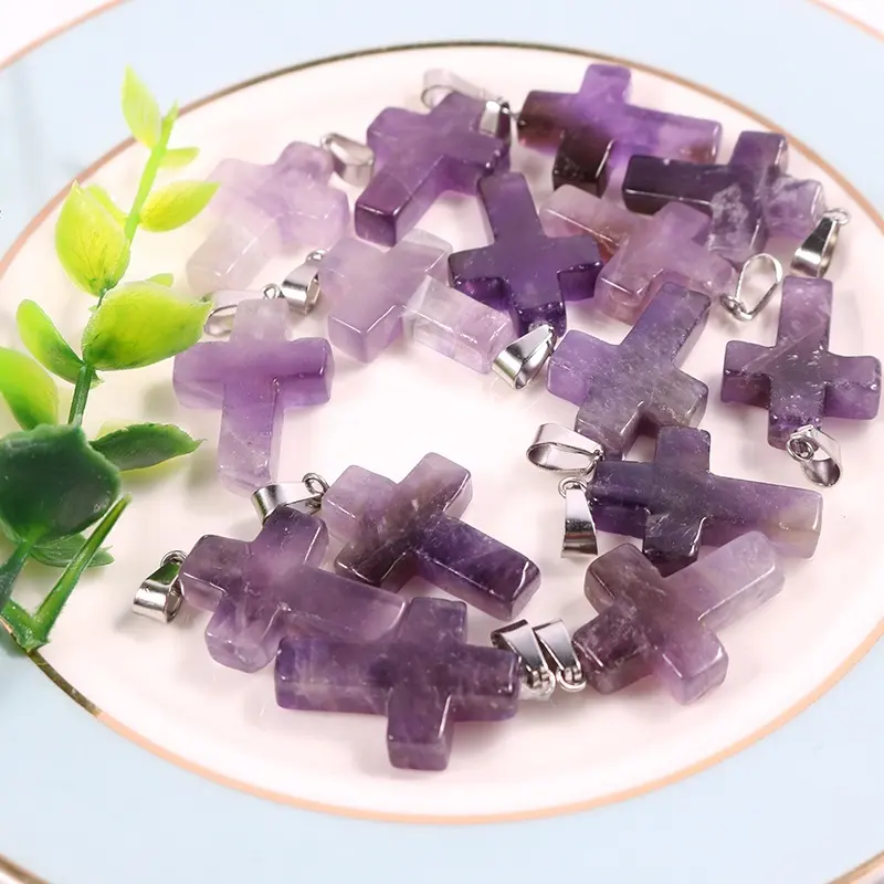 Natural amethyst crystal gemstone cross charms stone pendants for jewelry making wholesale
