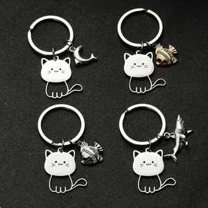 Factory Direct Sales Simple Stainless Steel Cartoon Creative Keychain Cute <b>Cat</b> and Fish Couple Pendant - Product Image 1