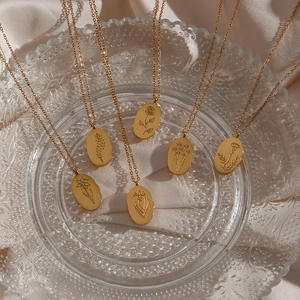 Oval Coin Pendant 12 Month Birth Flower <b>Disc</b> 14K <b>Gold</b> Plated Dainty Personalized Stainless Necklace Gift for Women - Product Image 4