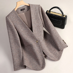 Women's Grey <b>Herringbone</b> Wool Blazer <b>Jacket</b> Autumn Winter Casual Thickened Anti Shrink Pocket Design - Product Image 2