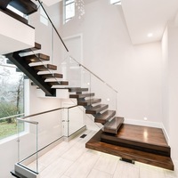 Escalier à poutres en acier inoxydable Marbre Verre Marbre Marches en bois massif Système de lamelles LED Intérieur Maison Mono Escaliers flottants droits