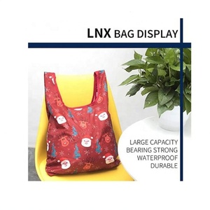 Bolsa de compras reutilizable plegable de poliéster con mango largo y patrón de letras con logotipo personalizado para fiesta de Navidad - Product Image 5