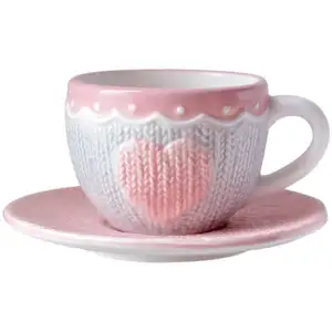Ceramic Pink Grey Heart Coffee Cup with Pink Saucer, Custom Ceramic Coffee Mugs Yarn Texture Embossed Tea cup