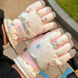 Beige <strong>Cute</strong> Bear Ski <strong>Gloves</strong> for Women Are Popular for Winter Warmth, Fleece and Thickened Outdoor Windproof Cycling - Product Image 4