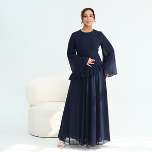 Abito Lungo Elegante da Donna con Maniche a Campana e Volant, in Chiffon Traspirante a Doppio Strato con Perle e Fodera, Ideale per Autunno e Primavera - Product Image 2