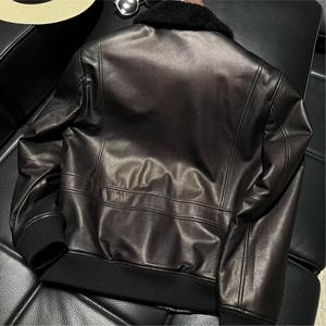 Manteau en cuir pour homme, noir, en véritable peau de mouton, doublure en fourrure épaisse, style aviateur, vintage, <span class=keywords><strong>patchwork</strong></span>, pour l'automne - Product Image 6