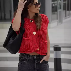 Women Knitted Sweaters <strong>Cardigan</strong> Solid Color 2024 Spring Autumn Female Casual Waistcoat Chic Vest <strong>Ladies</strong> <strong>Sleeveless</strong> Short Tops - Product Image 3