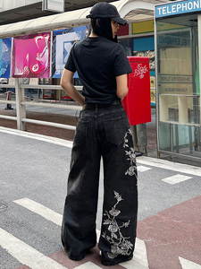 <span class=keywords><strong>Jeans</strong></span> in denim nero vintage personalizzati, lavaggio effetto invecchiato, vestibilità ampia, <span class=keywords><strong>vita</strong></span> <span class=keywords><strong>bassa</strong></span>, gamba dritta, traspiranti, con bottoni, stile street dance casual - Product Image 6