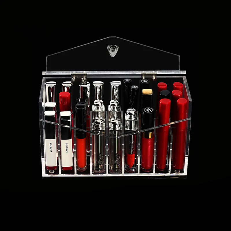 Benutzer definierte 24 Slots Kunststoff Lippenstift Aufbewahrung sbox Pmma Plexiglas Lip gloss Box mit einem Deckel Acryl Lippenstift Organizer mit 24 Slots