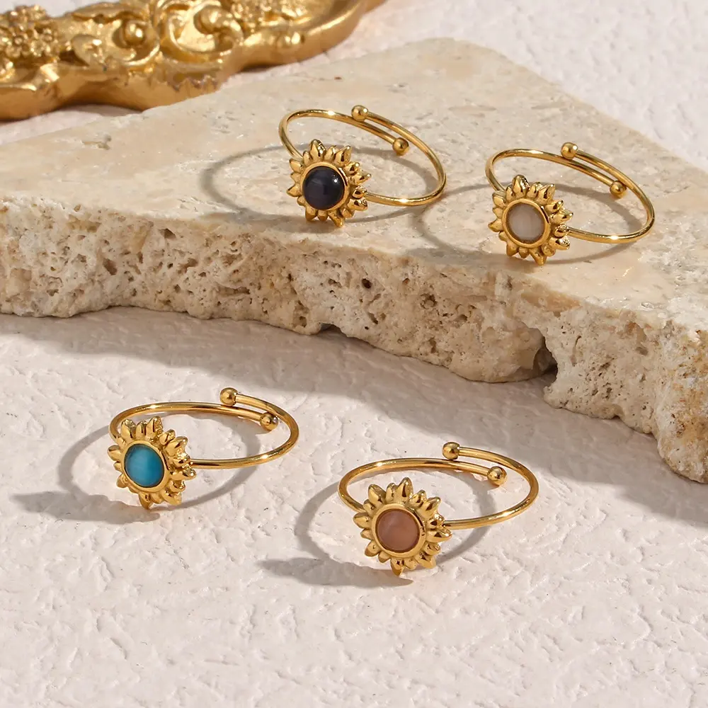 Colorful Natural Stone Rings Minimal Adjustable Sun Ring Gold Plated Rings Jewelry Women