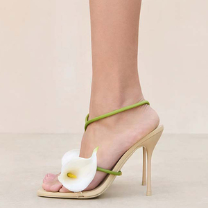 Escarpins sexy pour femme à fleurs 3D sur le devant, à talons hauts, à bout ouvert, vert, à brides croisées, style sandales à enfiler, à talon aiguille - Product Image 2