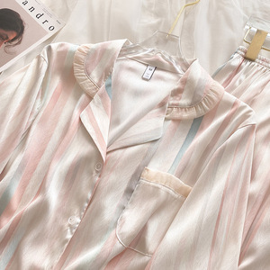Pigiami Casual in seta a righe da <span class=keywords><strong>donna</strong></span> vestiti per la casa traspiranti per la primavera estate in tinta unita sottile di seta - Product Image 3