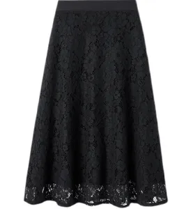 Summer Lace Skirt 2021 Elegant Loose High Waist Women Black Skirts Sexy Long Faldas Loose A- Line Midi Skirt for Women