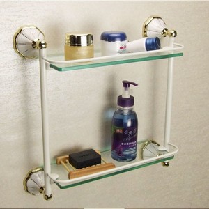 Lavabo de Cerámica Blanca de Doble Capa con Estilo Europeo, con Estante de Vidrio y Detalles Dorados, Diseño Floral Único para Baño - Product Image 1