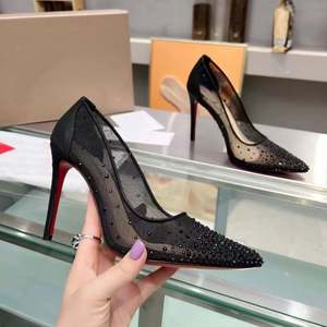 Zapatos de Tacón Alto para Mujer con Suela Roja, Pequeños Diamantes de Imitación y Tacón Delgado, Zapatos de Boda con Punta en Pico, Tacones de 8cm y 10cm - Product Image 1