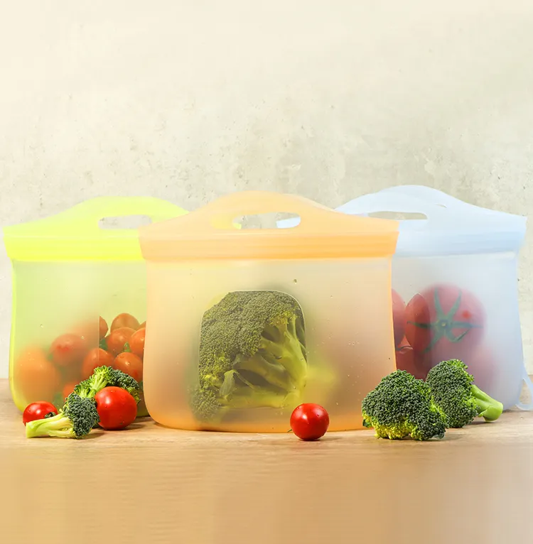 2L大容量再利用可能なシリコンキッチンバッグ、プラスチックフリー、BPAフリー100% 純粋なシリコン食品貯蔵容器