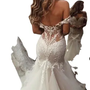 Vestido de novia de talla grande personalizado, ropa de Novia de encaje de tul, modesto, blanco, iglesia, sirena