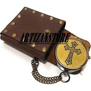 Brass <b>Compass</b> Cross <b>Engraved</b> Portable Hanging Ring Type Pointing Guide Faith Gift with Box - Product Image 5