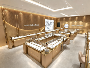 Diseño Interior de Joyería de Lujo Moderno, Proyecto de Tienda Minorista con Acabados en Dorado Champán, Vidrio y Mármol, Vitrinas de Exhibición - Product Image 1