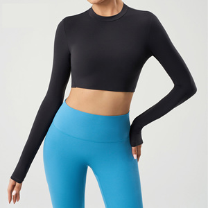 Magliette a Maniche Lunghe da <span class=keywords><strong>Donna</strong></span>, Top Crop per Uscite, T-Shirt Basic da Yoga a Compressione Aderenti - Product Image 1